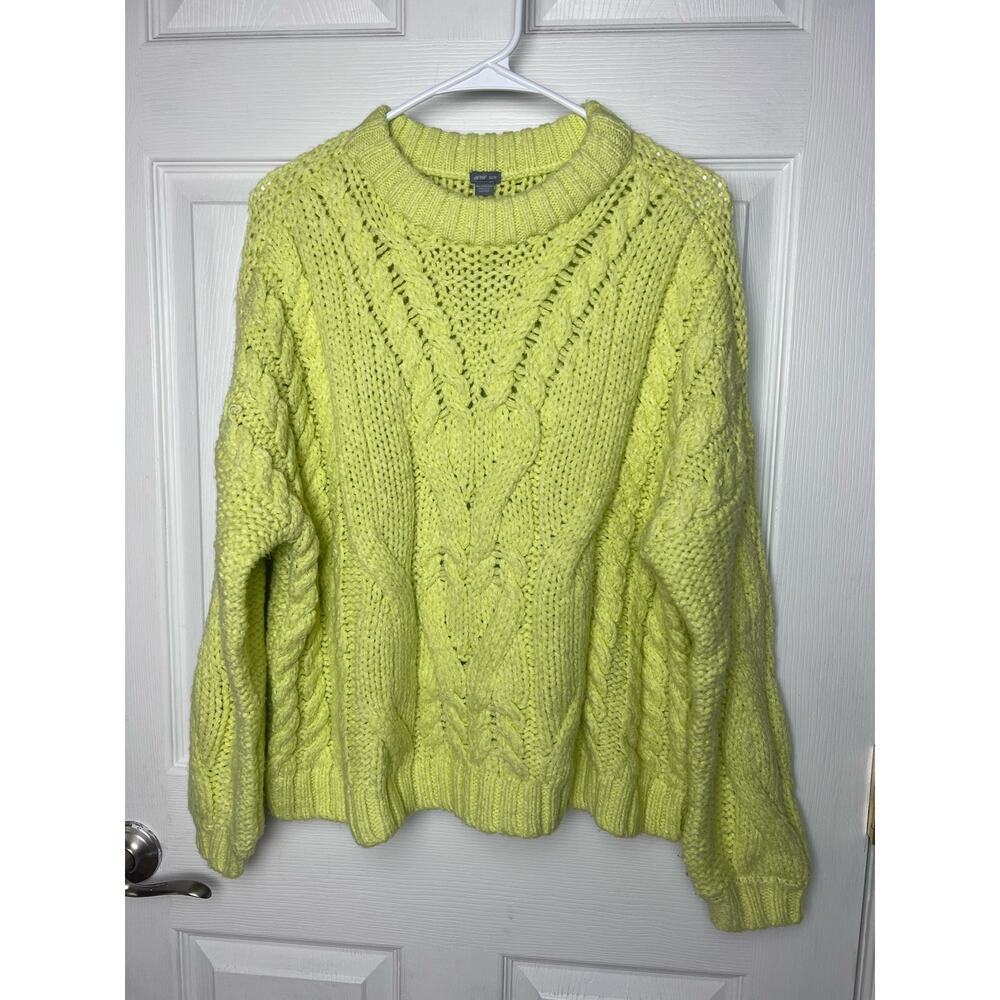 Aerie Oversized Neon Yellow Fuzzy Cable Knit Sweater Crew Neck Size XS